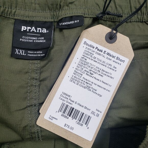 PrAna Double Peak E-Waist Shorts Men's XXL 8" Inseam Cargo Green Ripstop UPF 50+ - Picture 2 of 16